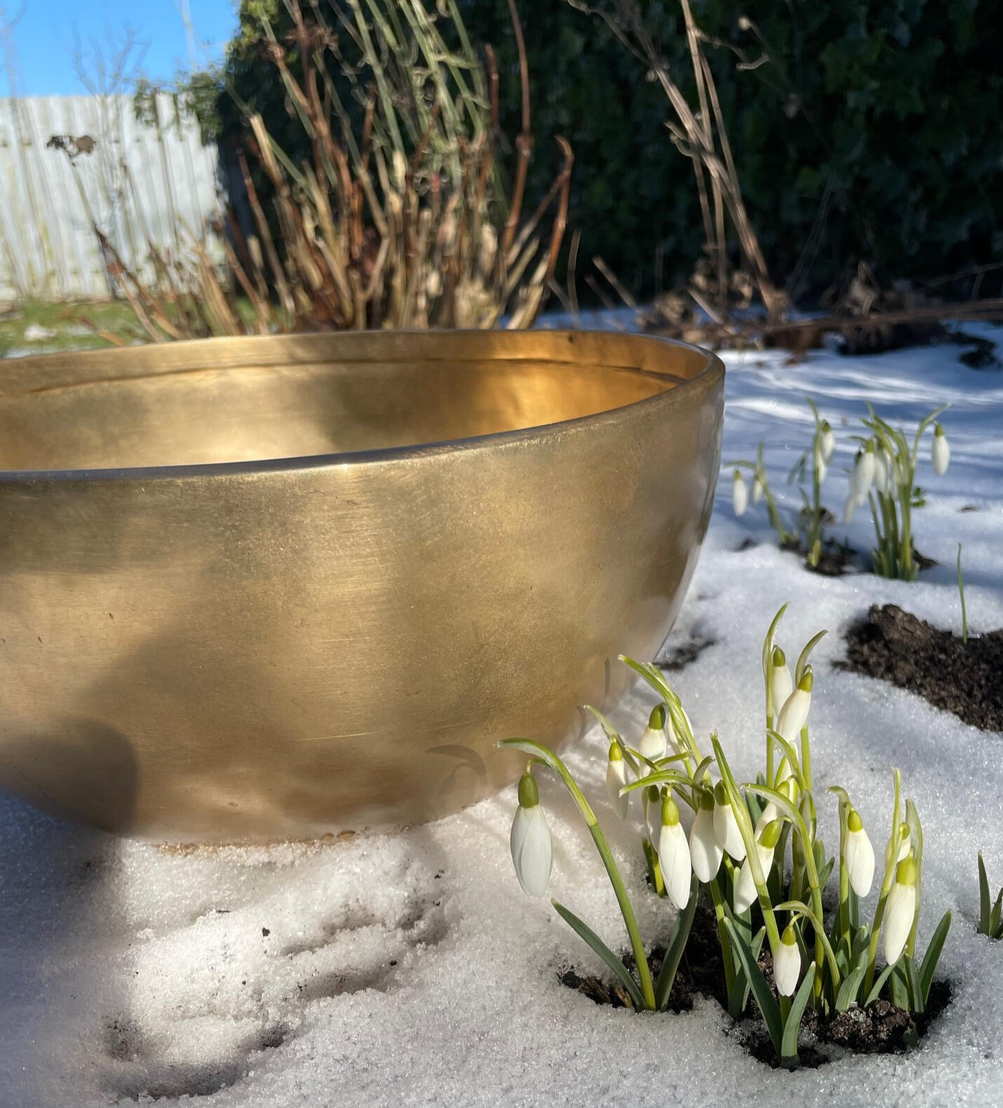 Hånd over handpan med klangskål og bløde tekstiler i baggrunden
